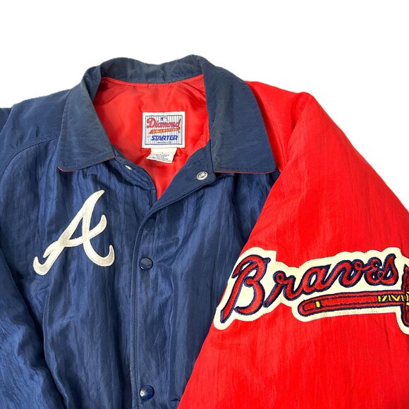 Vintage Atlanta Braves Starter Jacket Diamond Collection Satin Navy Red Size L - Picture 2 of 5